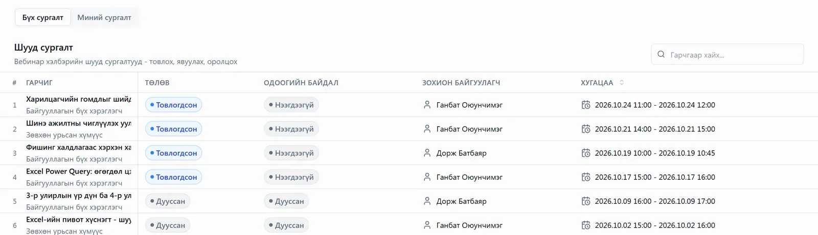 Шууд сургалтын жагсаалт
