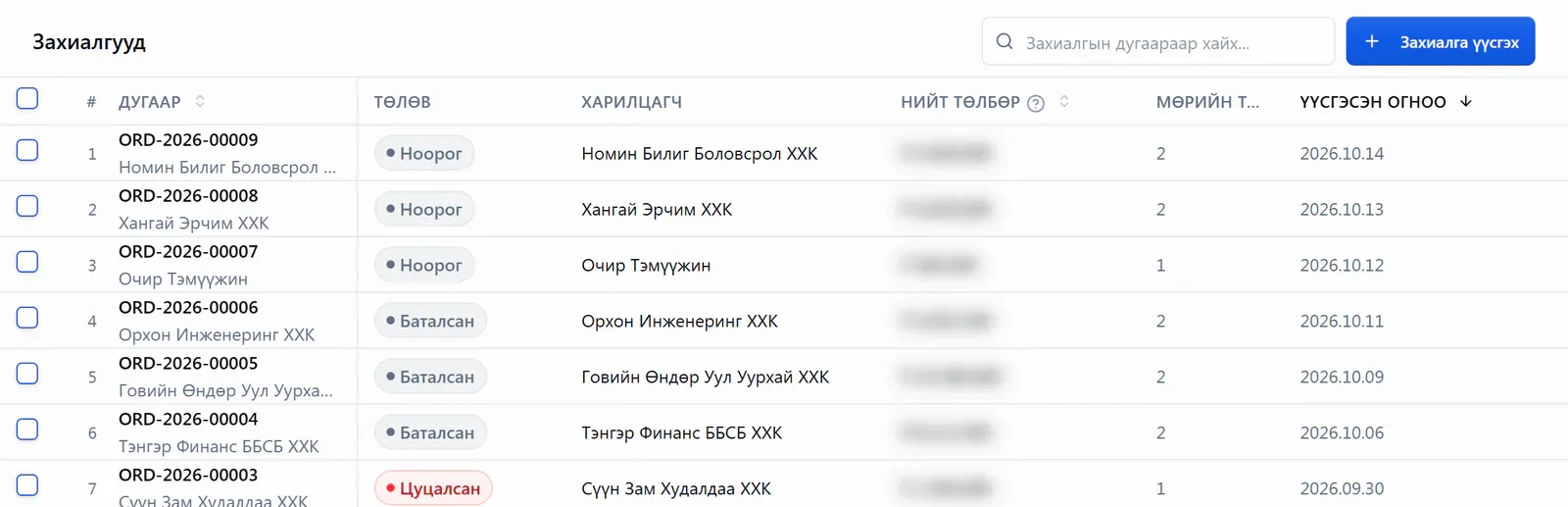 Захиалгын жагсаалт: ноорог, баталсан, цуцалсан