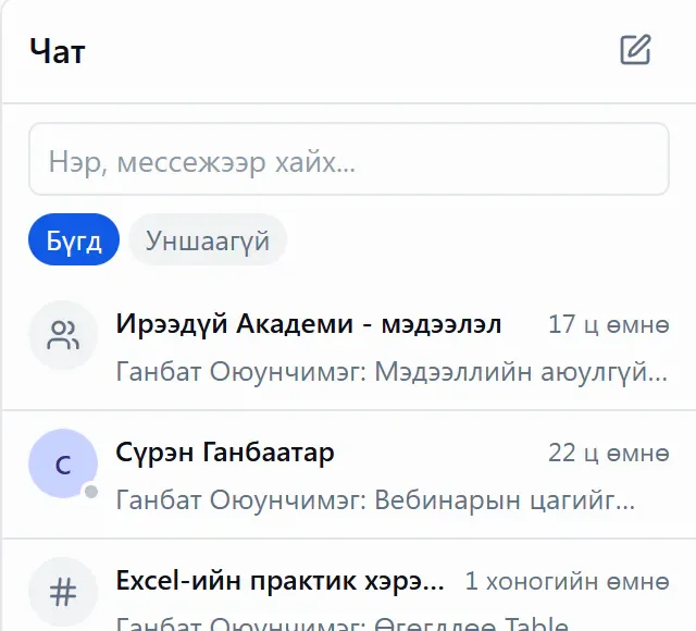 Чатын жагсаалт: бүлэг, хувийн чат, сургалтын суваг, уншаагүй мессежийн шүүлтүүр