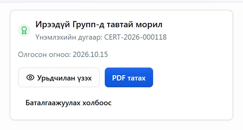 Олгосон сертификатын жагсаалт